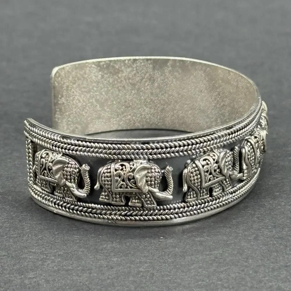 STS Indonesia 925 Sterling Silver Elephant Parade Wide Cuff Bracelet 40g